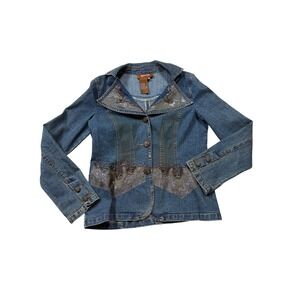 Vintage Y2K Chagall Beaded Lace Denim Blazer Jacket Medium